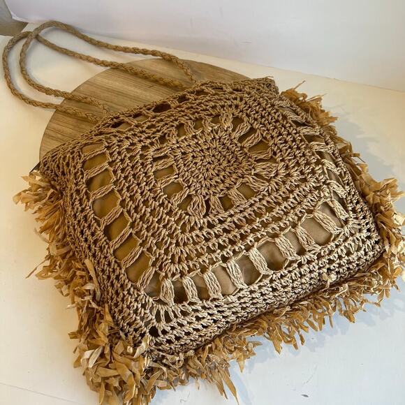 MW Tan Natural Fiber Straw Fringe Raffa Crochet Square Tote Shoulder Bag - Picture 12 of 13